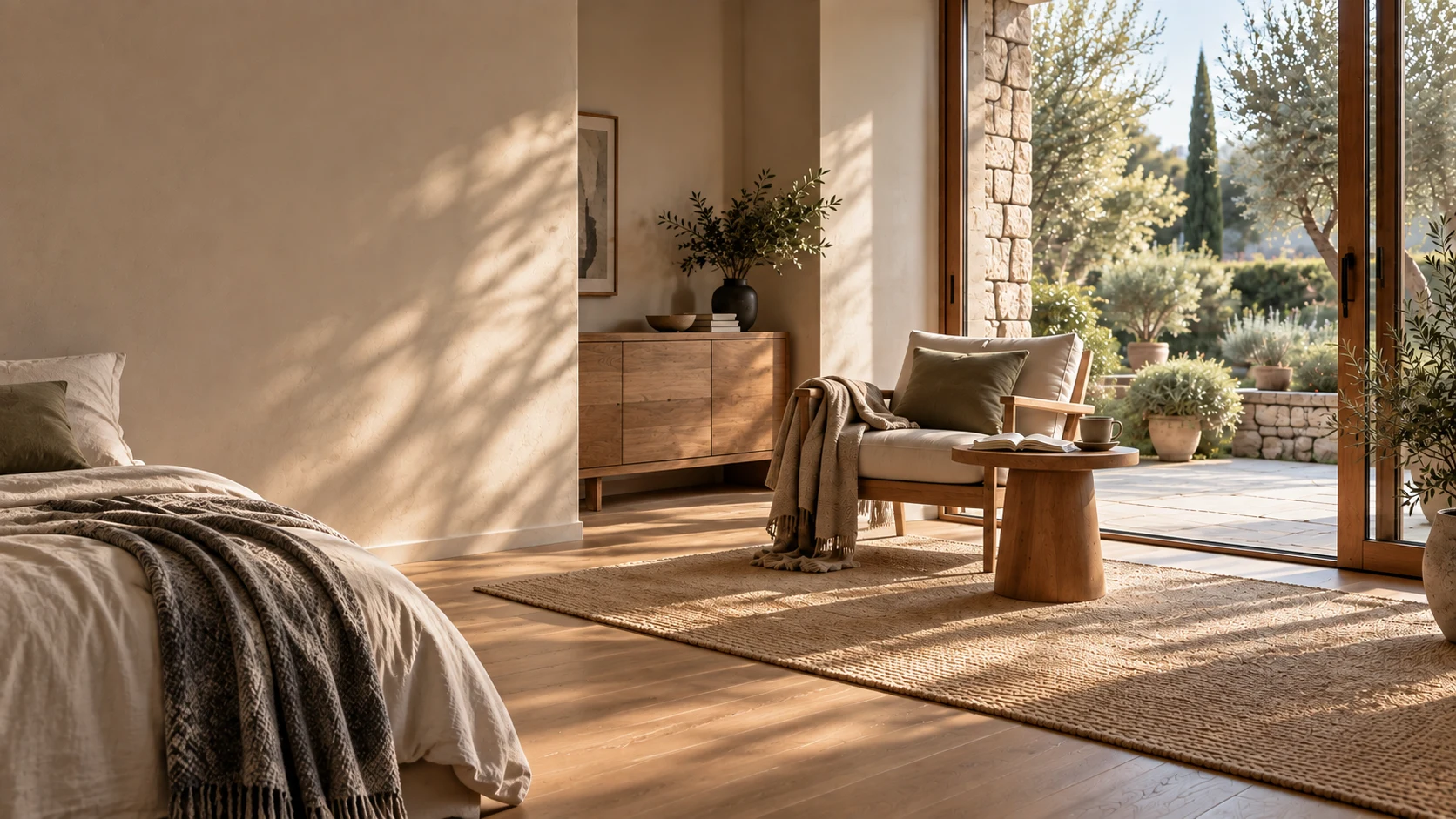 Calm home interior with a partial bed, lounge chair and open garden terrace