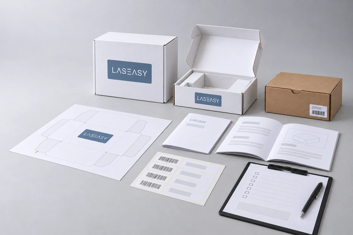 LASEASY packaging samples with carton inserts, manuals, label artwork and an approval checklist