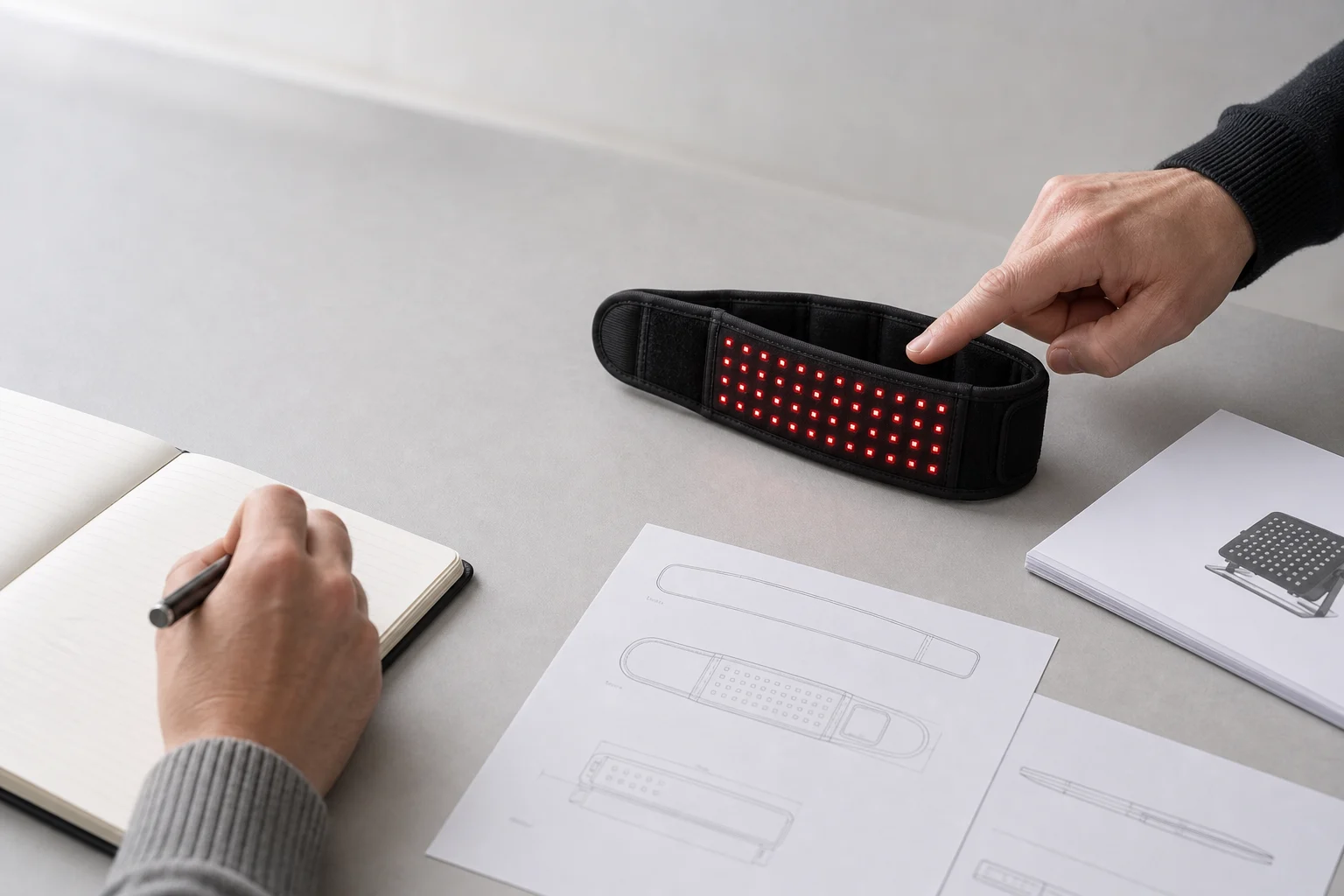 Product sample and technical drawings discussed at a meeting table